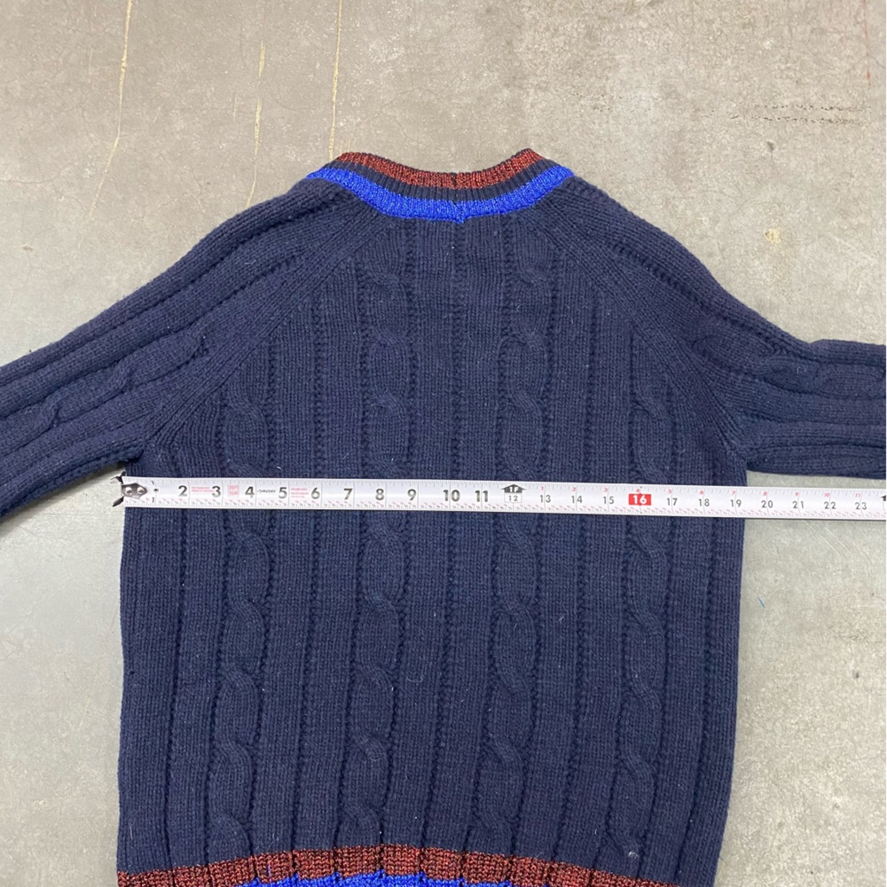 Gucci Cable Knit Cardigan Navy Stripe Trim Lambs Wool Sweater Women’s Large‎ - Picture 7 of 11